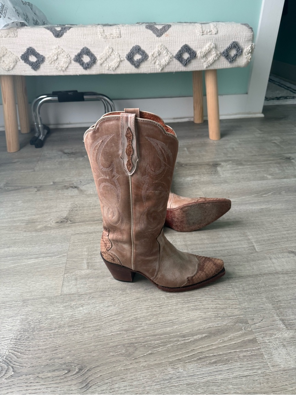 Women’s Western Cowboy Boots - Taupe Brown leather/snakeskin